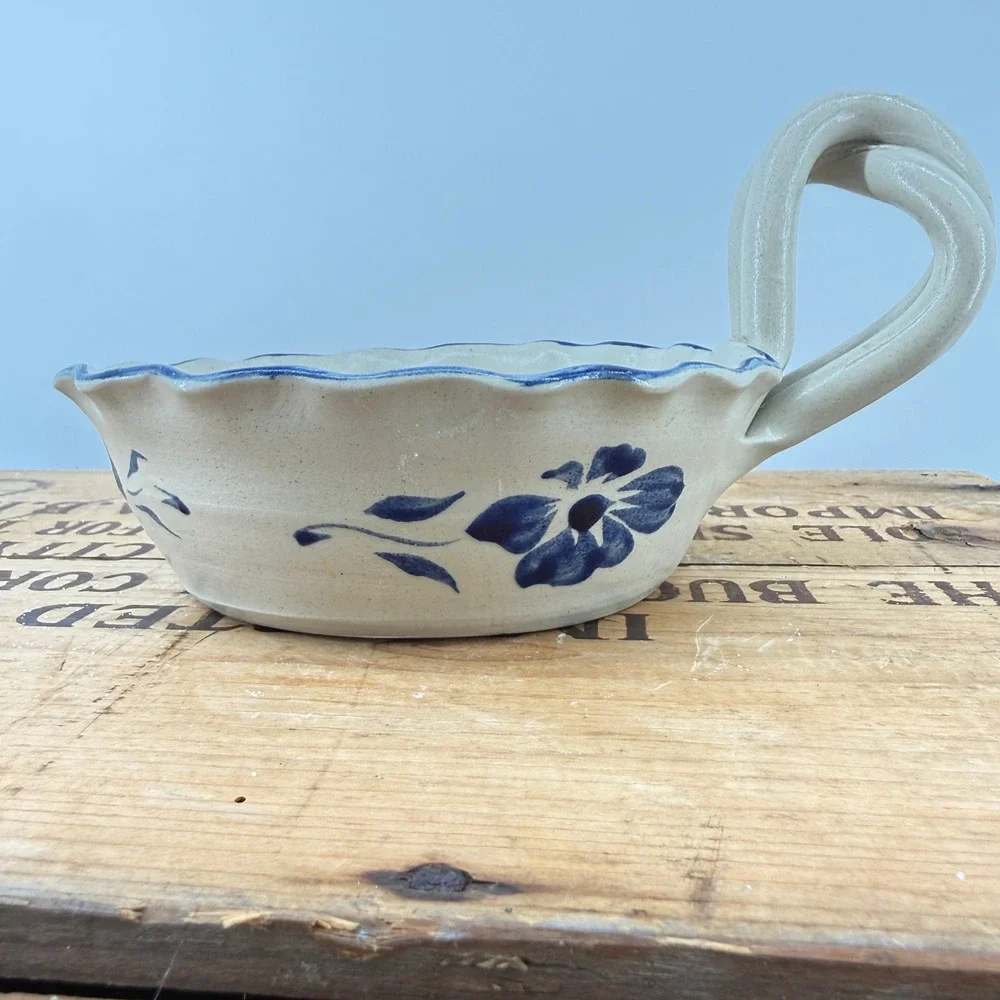 Williamsburg Pottery Chamberstick Candle Holder Cream Blue Floral Stoneware